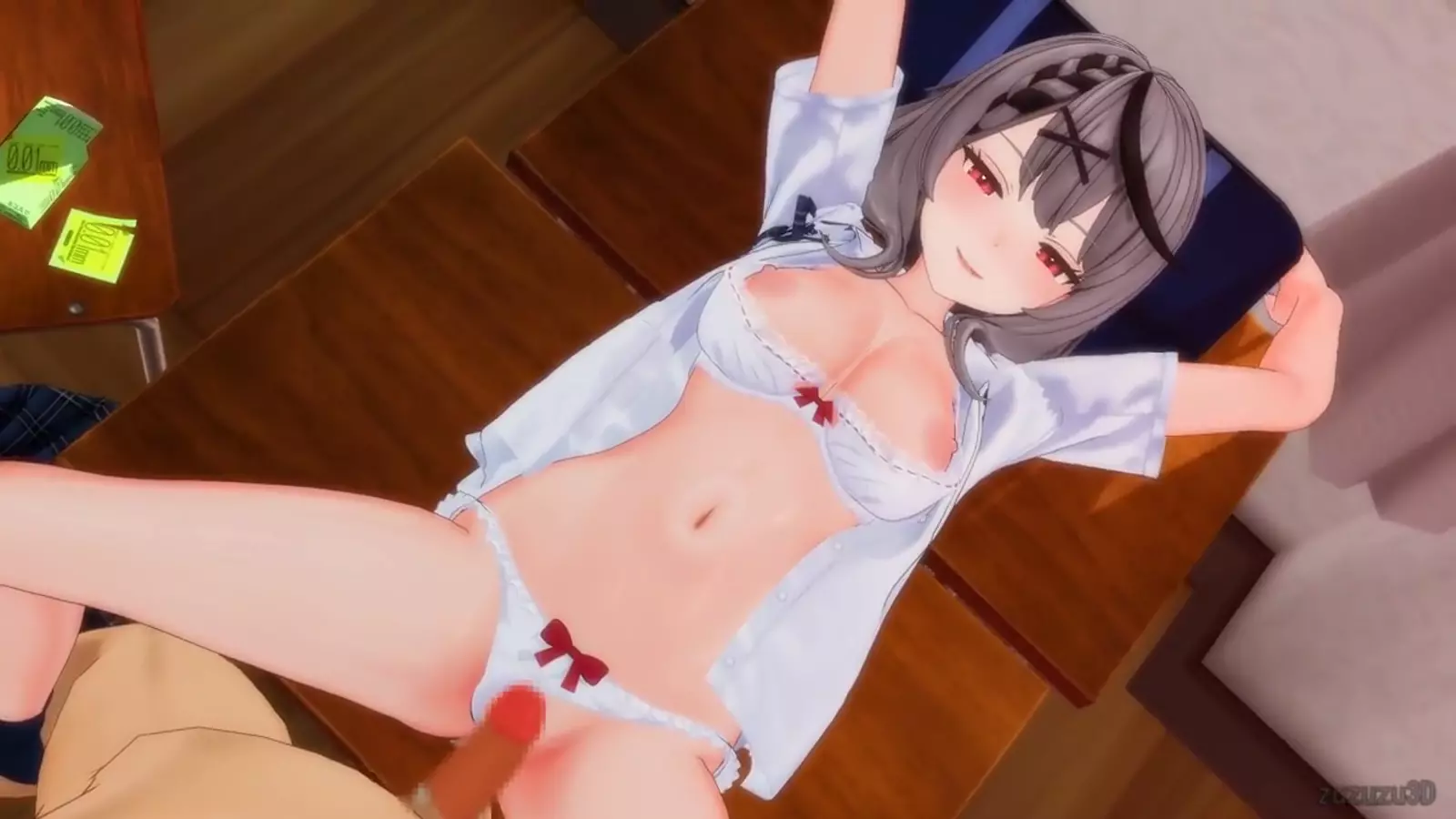 character Hentai with dark fringe in a sensuous and familiar setting